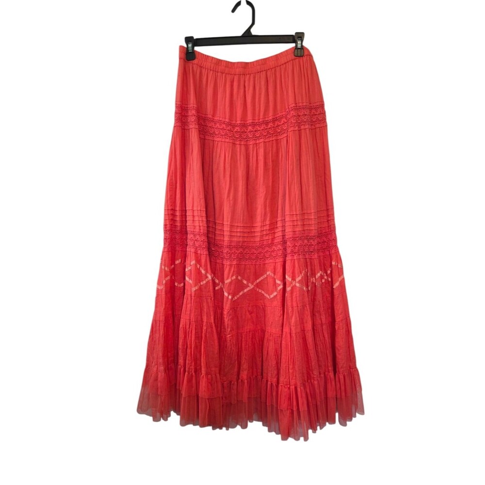 For the Republic Pink Tiered Crochet Tulle Trim Maxi Skirt Size Medium